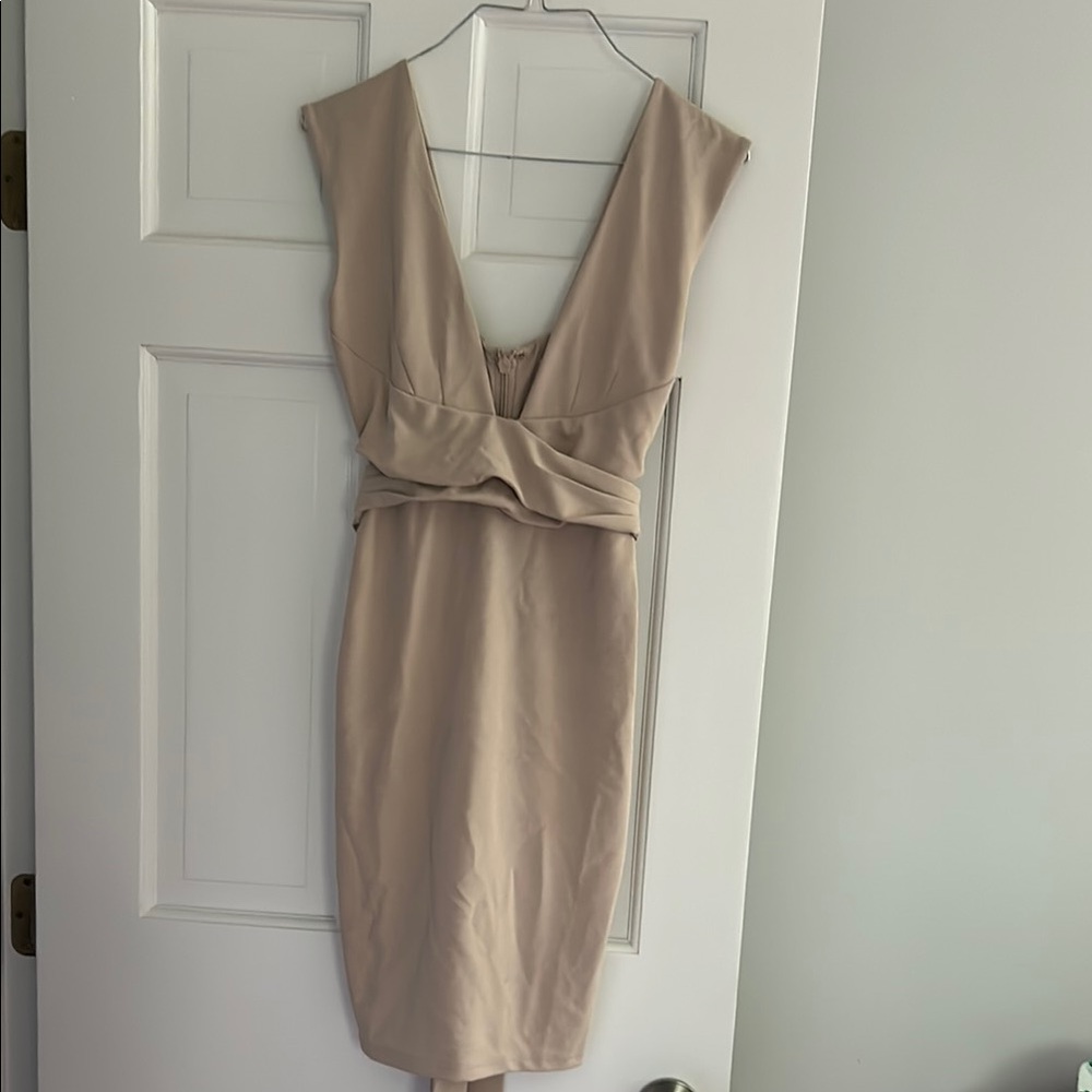Dance & Marvel Tan Ruched Wrap Cocktail Dress